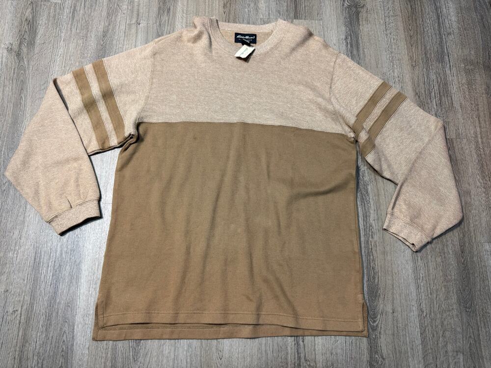 Vintage Eddie Bauer Men's Two-Tone Beige and Tan Crewneck Sweater